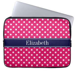 Raspberry White Polka Dots Navy Blue Name Monogram Laptopschutzhülle
