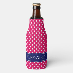 Raspberry White Polka Dots Navy Name Monogram Flaschenkühler