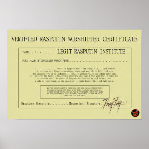 RASPUTIN ANBETER-ZERTIFIKAT POSTER