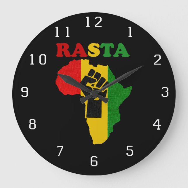 Rasta Black Power Fist over Africa Wall Clock Große Wanduhr (Vorderseite)