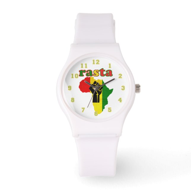 Rasta,  Black Power Fist over Africa White   Armbanduhr (Vorderseite)