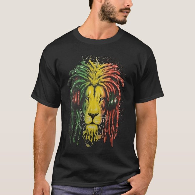 Rasta Dreadlock Lion mit Kopfhörern T-Shirt (Vorderseite)