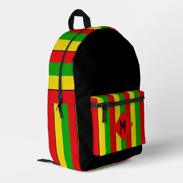 Rasta Flag Colors Striped Monogram Bedruckter Rucksack (Rückseitige Ecke links)