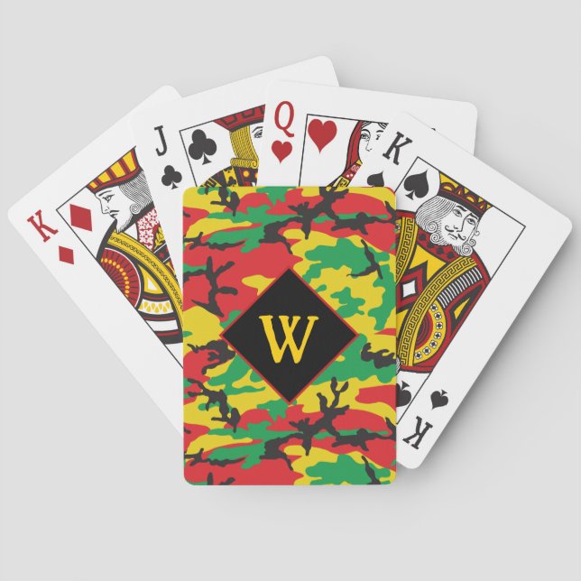 Rasta-Flaggenfarben-Tarnmuster-Monogramm Spielkarten (Rückseite)