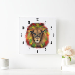 Rasta Löwe rot grün zeichnend Jamaika Quadratische Wanduhr