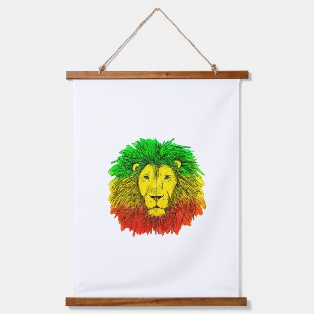 Rasta Löwe rot grün zeichnend Jamaika Wandteppich Mit Holzrahmen (Vorderseite)