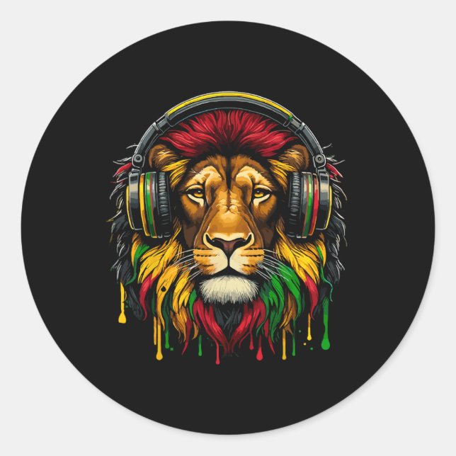 Rasta Raggae Jamaica Musik Kopfhörer Löwe von Juda Runder Aufkleber (Vorderseite)