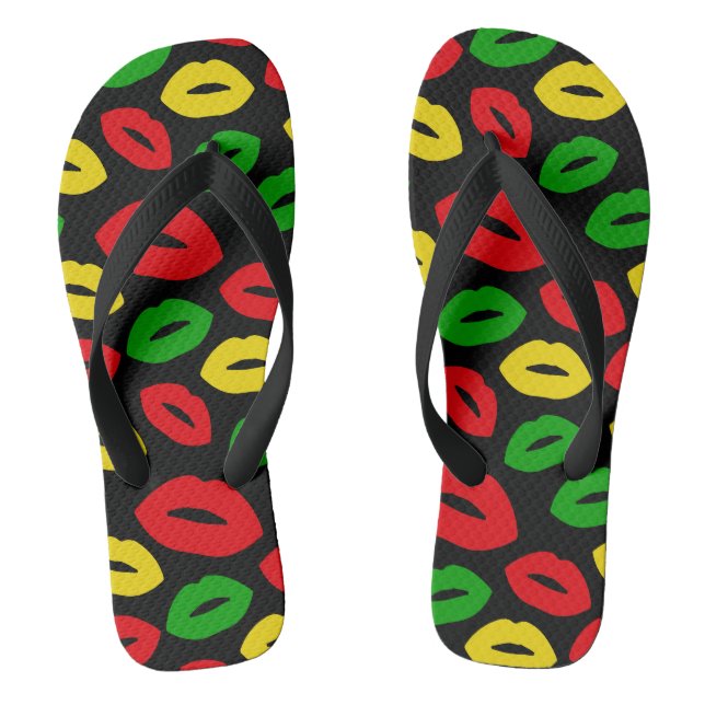 Rasta Reggae Red Gold Green Lipstick Kisses Flip Flops (Fußbett)
