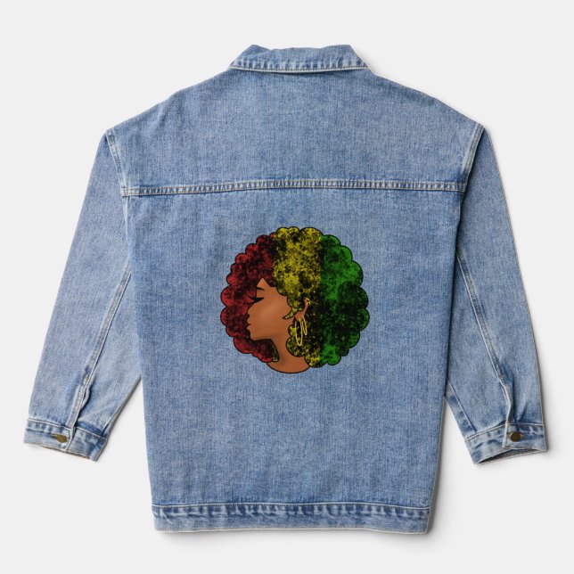 Rasta schwarze Frau in rot-gelb-grün Jeansjacke (Rückseite)