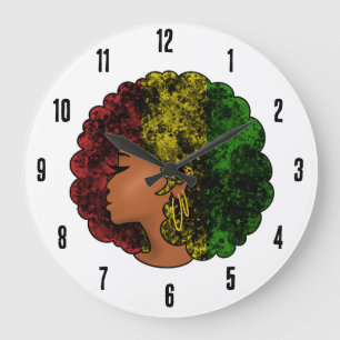 Rasta Schwarze Mädchen Frau Afro rot gelb grün  Große Wanduhr