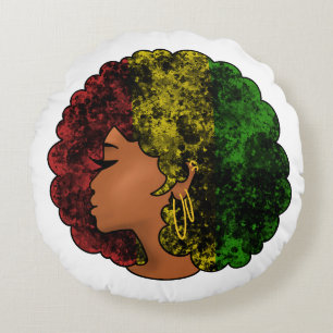 Rasta Schwarze Mädchen Frau Afro rot gelb grün Rundes Kissen