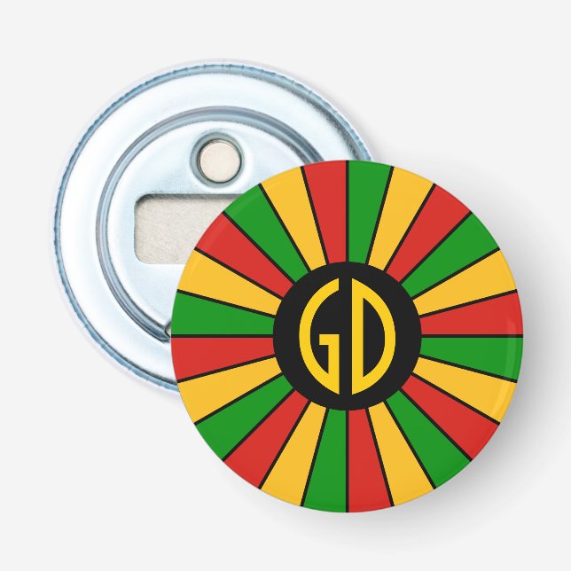RASTAFARI FLAG BUTTON RAYS + Ihr Zeichen oder Mono Flaschenöffner (Vorderseite)