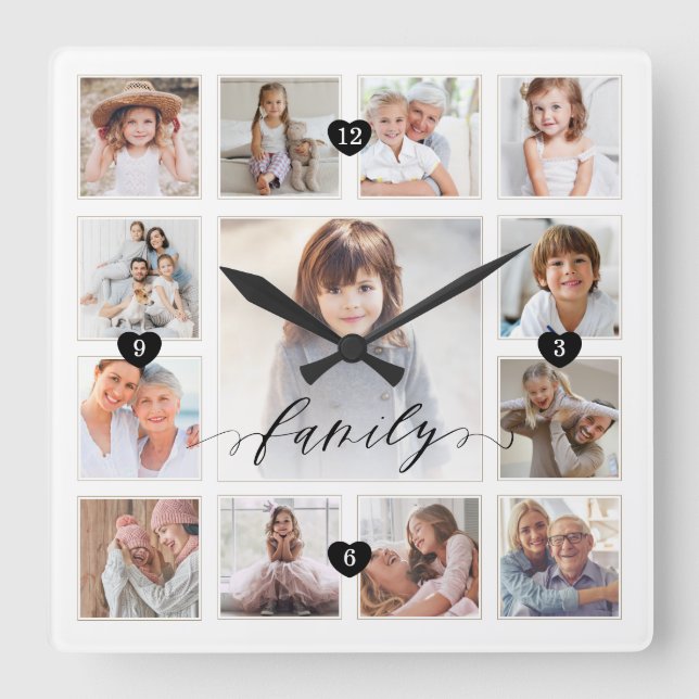 Raster-Collage für das Foto Family Script Quadratische Wanduhr (Vorderseite)