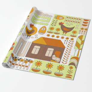 Raster und zwei Hühner, Eier, Blume, Haus, Zugmasc Geschenkpapier