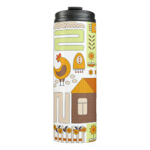 Raster und zwei Hühner, Eier, Blume, Haus, Zugmasc Thermosbecher