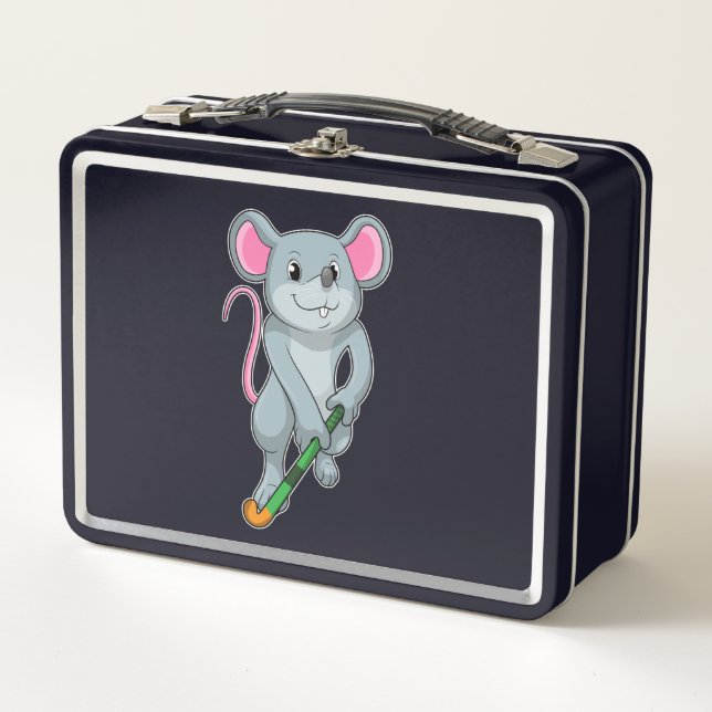 Rat auf Hockey mit Hockey-Fledermaus Metall Brotdose (Vorderseite)