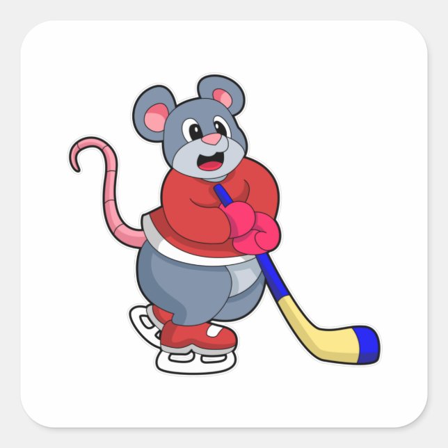 Rat mit Eishockey und Eishockeyschläger Quadratischer Aufkleber (Vorderseite)