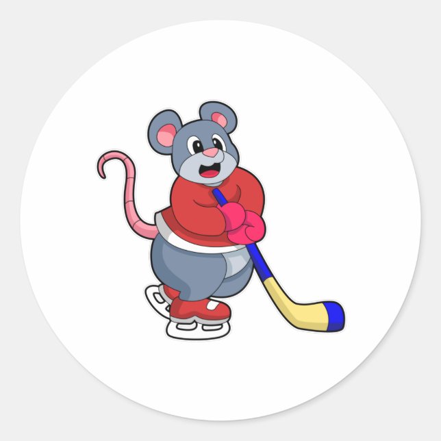 Rat mit Eishockey und Eishockeyschläger Runder Aufkleber (Vorderseite)