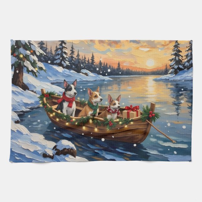 Rat Terrier Christmas Boat Holiday Geschirrtuch (Horizontal)