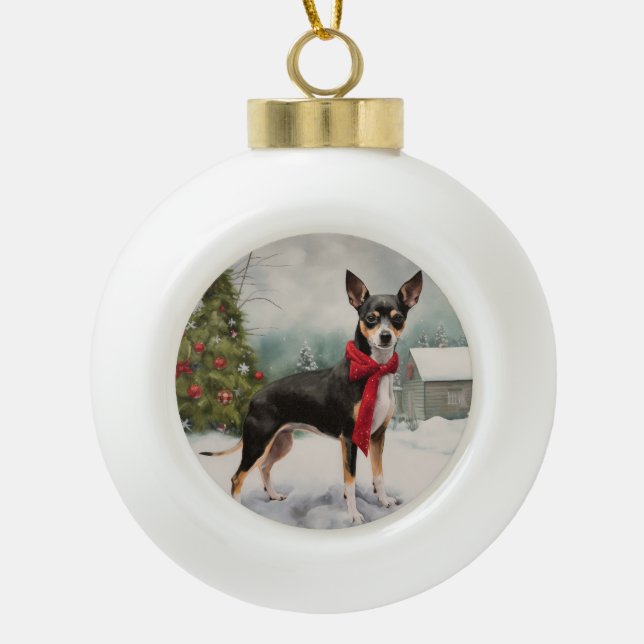 Rat Terrier Dog im Schnee Weihnachten Keramik Kugel-Ornament (Vorderseite)