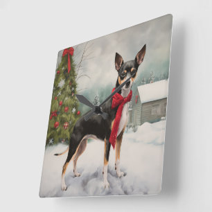 Rat Terrier Dog im Schnee Weihnachten Quadratische Wanduhr