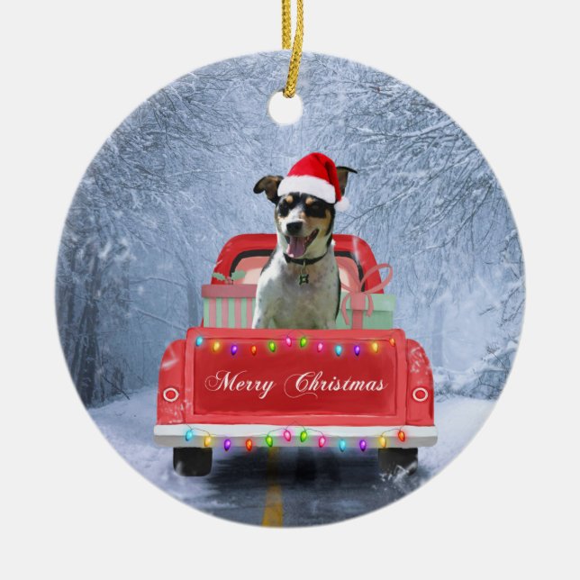 Rat Terrier Hund im Schnee sitzend im Weihnachtswa Keramik Ornament (Vorne)