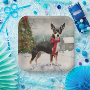 Rat Terrier Hund im Schnee Weihnachten Pappteller