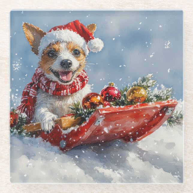Rat Terrier Hund in Sledge Let it Snow Weihnachten Glasuntersetzer (Vorderseite)