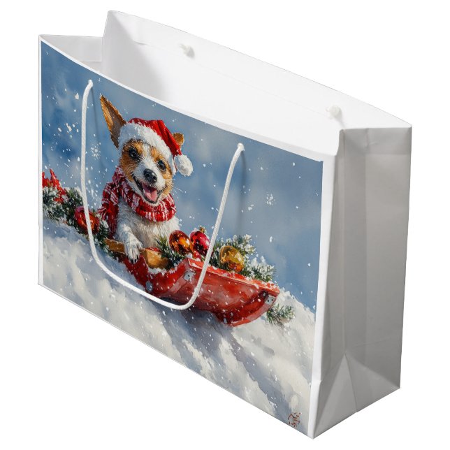 Rat Terrier Hund in Sledge Let it Snow Weihnachten Große Geschenktüte (Vorderseite Schrägansicht)