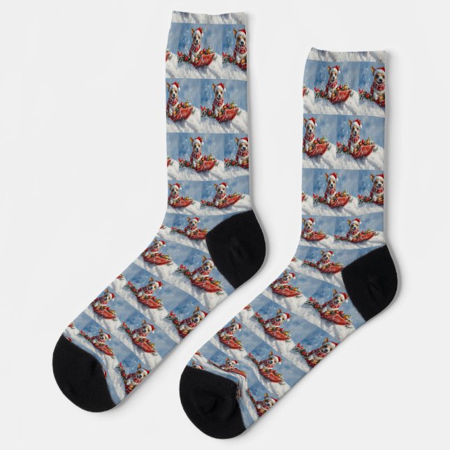 Rat Terrier Hund in Sledge Let it Snow Weihnachten Socken (Linkes Detail)
