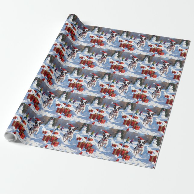 Rat Terrier läuft im Schnee mit Weihnachtshut Geschenkpapier (Ungerollt)