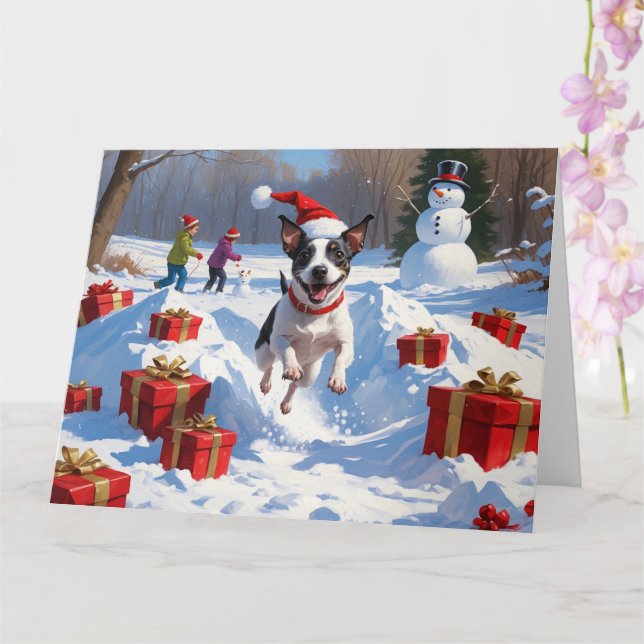 Rat Terrier läuft im Schnee mit Weihnachtshut Karte (Orchidee)