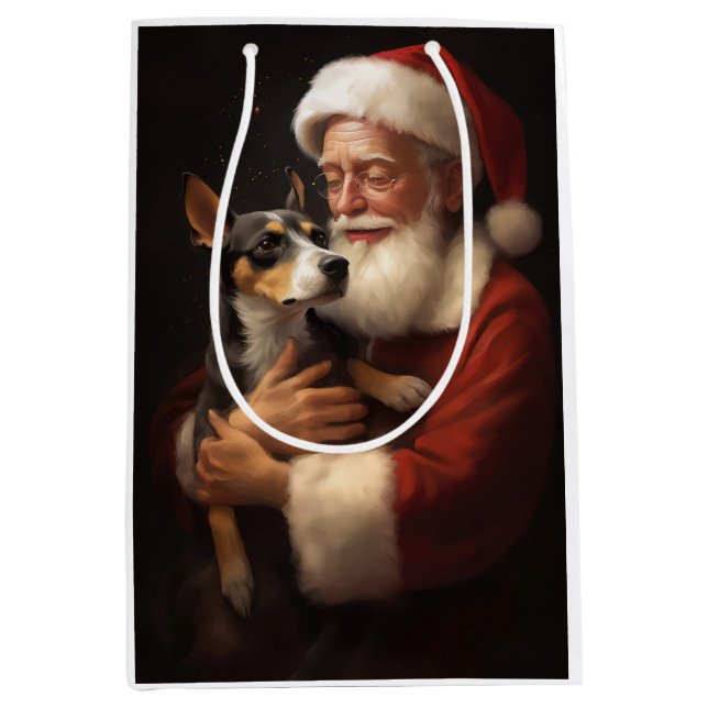 Rat Terrier mit Weihnachtsmann Weihnachten Mittlere Geschenktüte (Vorderseite)