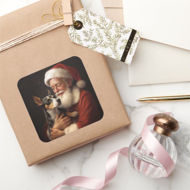 Rat Terrier mit Weihnachtsmann Weihnachten Quadratischer Aufkleber (Schenken)