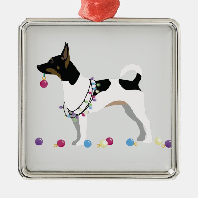 Rat Terrier Silhouette Weihnachtsdesign Silbernes Ornament (Vorne)
