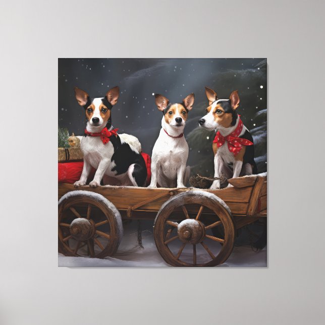 Rat Terrier Snowy Sleigh Weihnachtsdekor Leinwanddruck (Vorderseite)