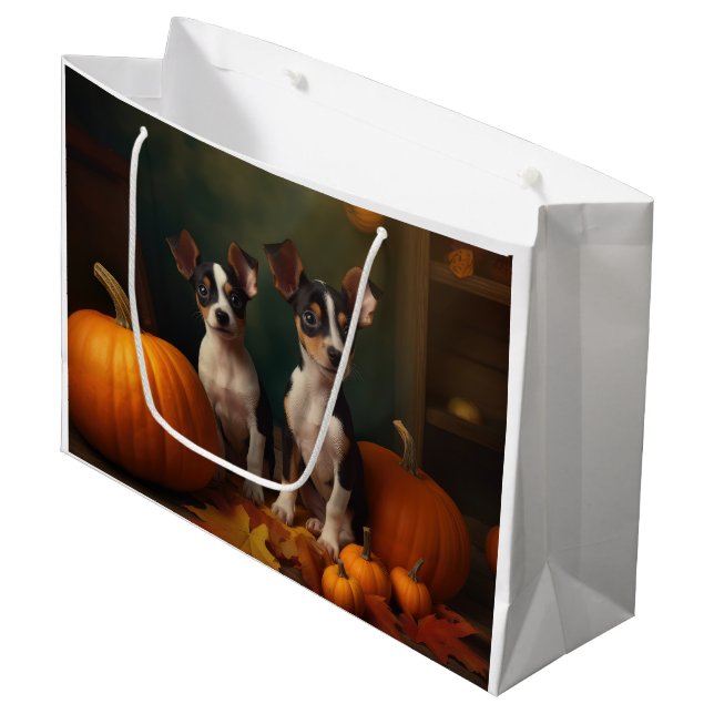 Rat Terrier Welpe Autumn Delight Pumpkin Große Geschenktüte (Vorderseite Schrägansicht)