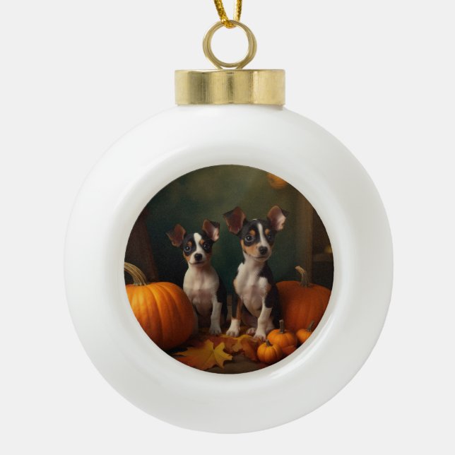 Rat Terrier Welpe Autumn Delight Pumpkin Keramik Kugel-Ornament (Vorderseite)