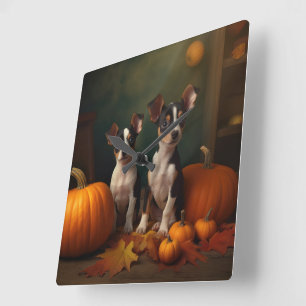 Rat Terrier Welpe Herbstfreude Kürbis  Quadratische Wanduhr
