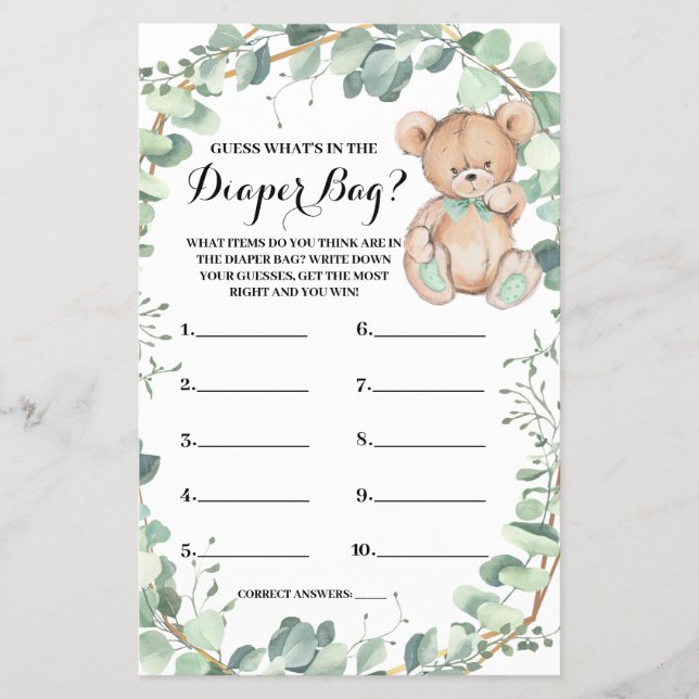 Rate Was in Baby Bag Bear Shower Game Card ist Flyer (Vorne)