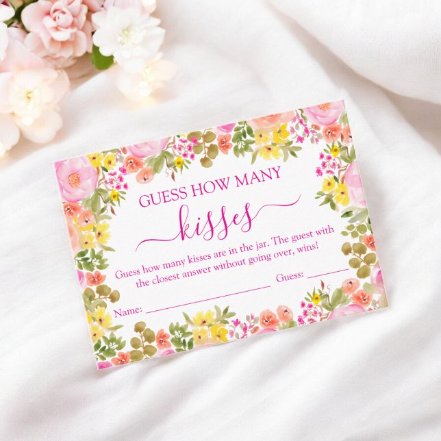 Rate, wie viele Kisses Floral Brautparty Game Begleitkarte (Guess How Many Kisses Floral Bridal Shower Game Enclosure Card)