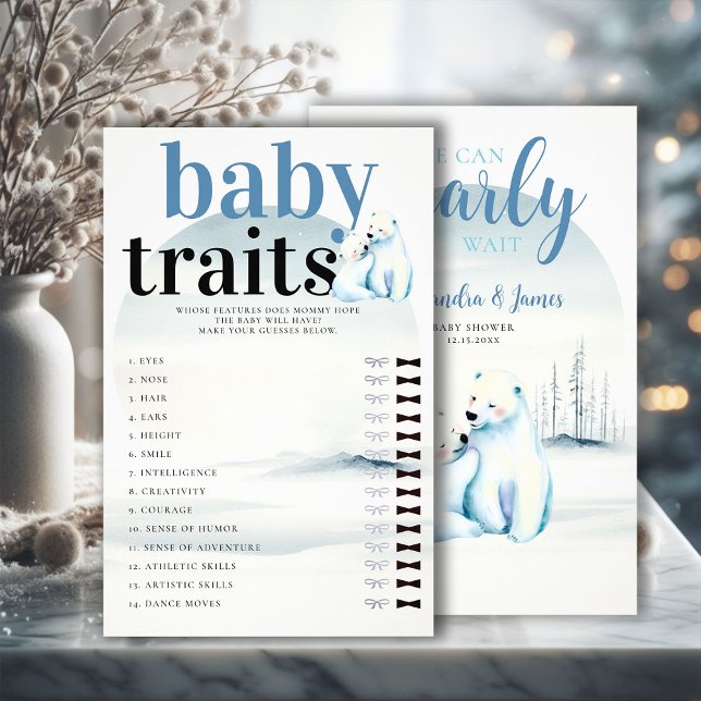 Raten Sie Baby Features Dusche Spiel Polar Bear Cu Flyer (winter boy baby shower bearly wait polar bear mama cub watercolor guess baby traits game)