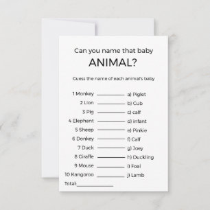 Raten Sie den Namen Baby-Animal-Dusche-Spielkarte Einladung