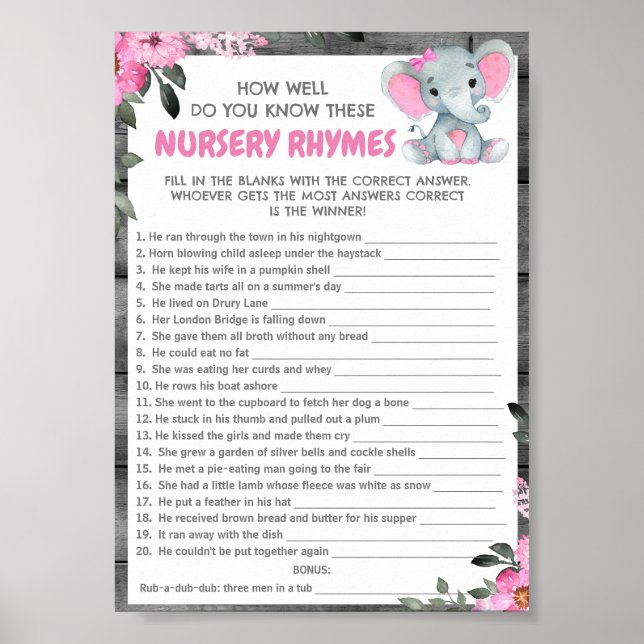 Raten Sie Kinderzimmer Rhymes Girl Elephant Shower Poster (Vorne)
