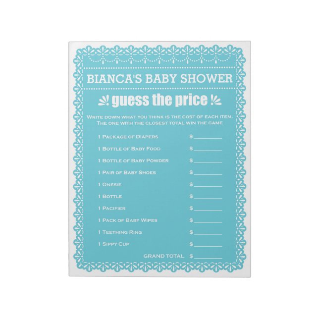 Raten Sie mal, die Blue Papel Picado Baby Dusche Notizblock (Rotiert)