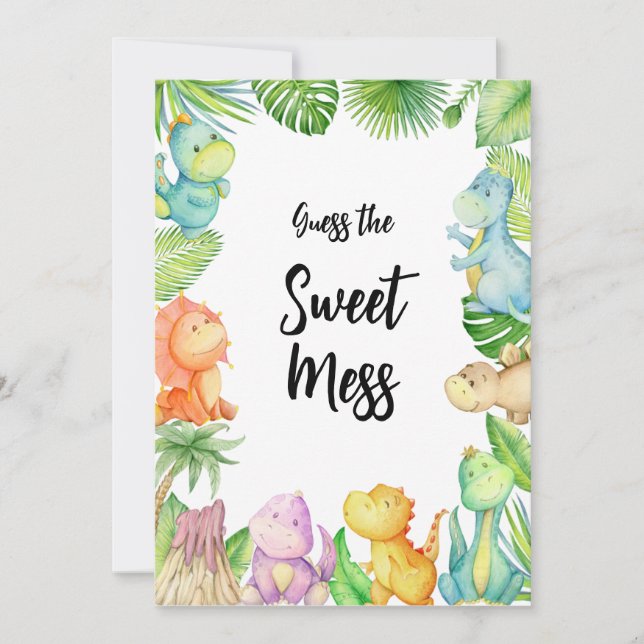 Raten Sie mal die Sweet Mess Dinosaur Babyduschkar Einladung (Vorderseite)