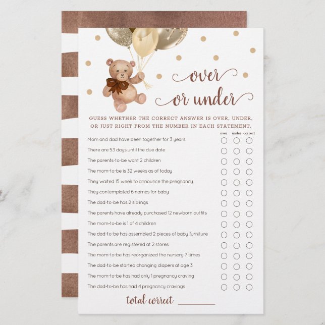 Raten Sie mal über oder unter dem Game Baby Shower (Vorne/Hinten)