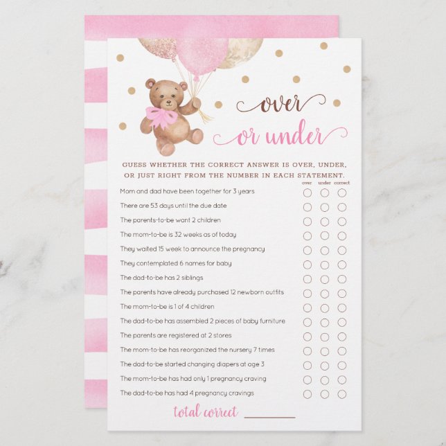 Raten Sie mal über oder unter dem Game Baby Shower (Vorne/Hinten)