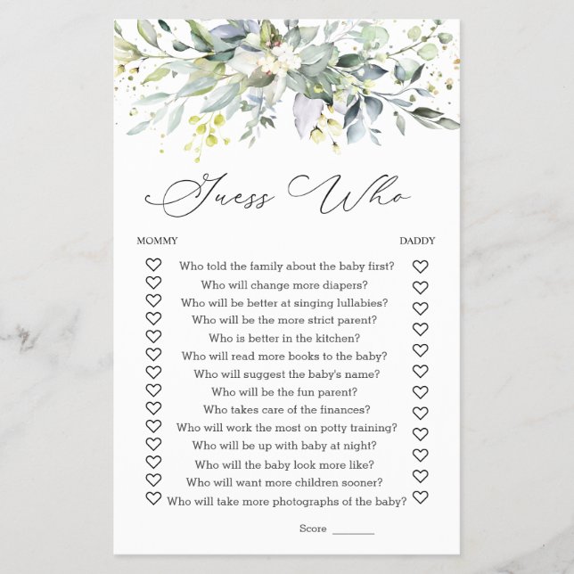 Raten Sie mal, wer Mama oder Papa Baby Duschspielg Flyer (Vorne)