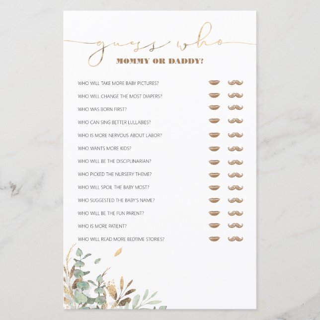 Raten Sie mal, wer Mama oder Papa Baby Shower Game (Vorderseite)